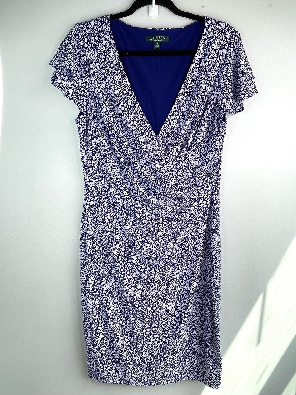 Lauren Ralph Lauren Navy & White Floral Faux-Wrap Knee Length Flutter Sleeves